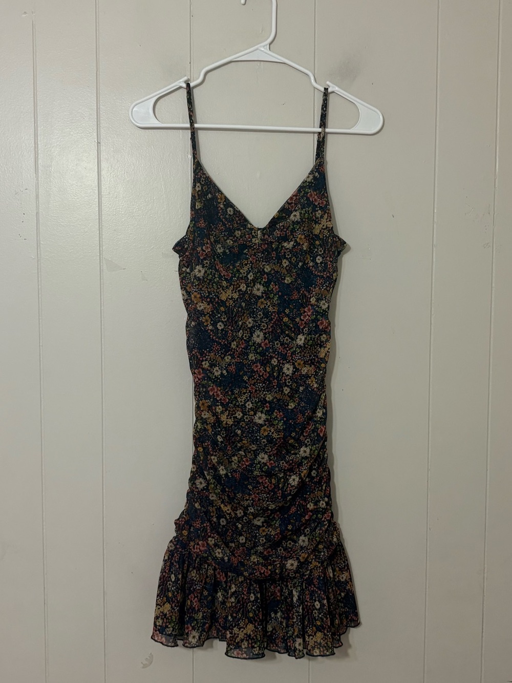 Dress Forum Los Angeles Ruched Floral Mesh Ruffle Mini Dress Size S